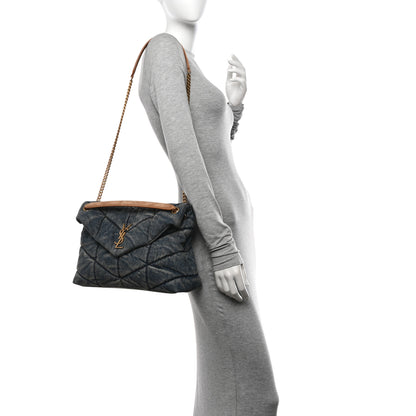 Saint Laurent Denim Quilted Medium Loulou Puffer Monogram Chain Satchel Blue Cinnamon 2 of 10