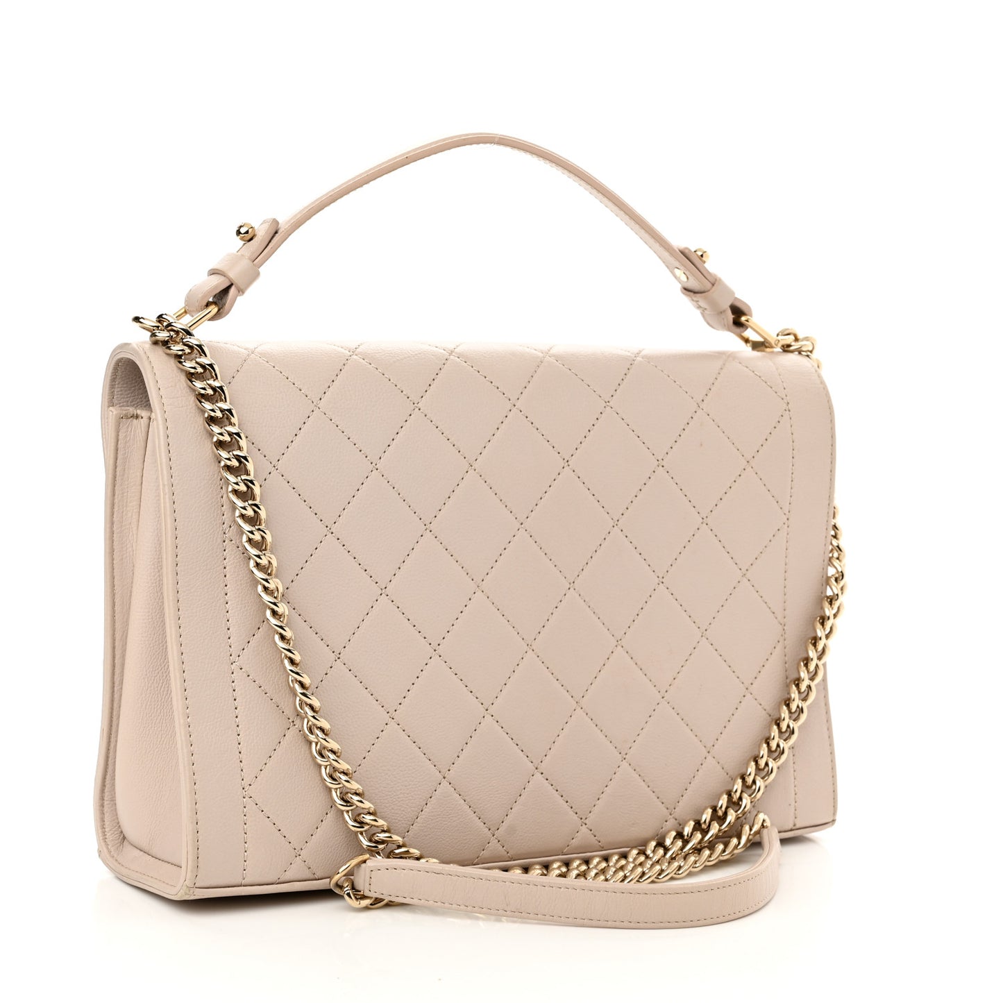 Grained Calfskin Quilted Large Label Click Flap Bag Light Beige