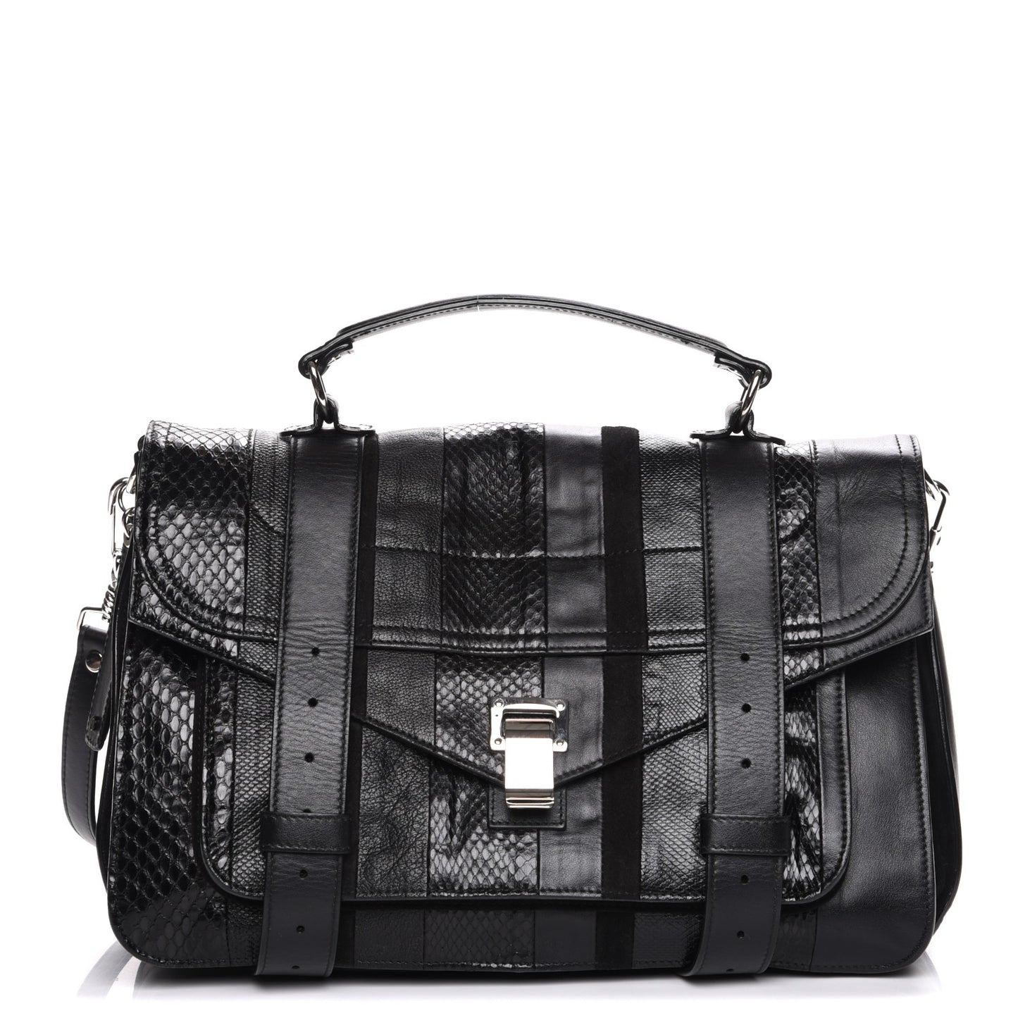 Lambskin Lizard Snakeskin Suede Medium PS1 Exotic Stripe Mix Satchel Black