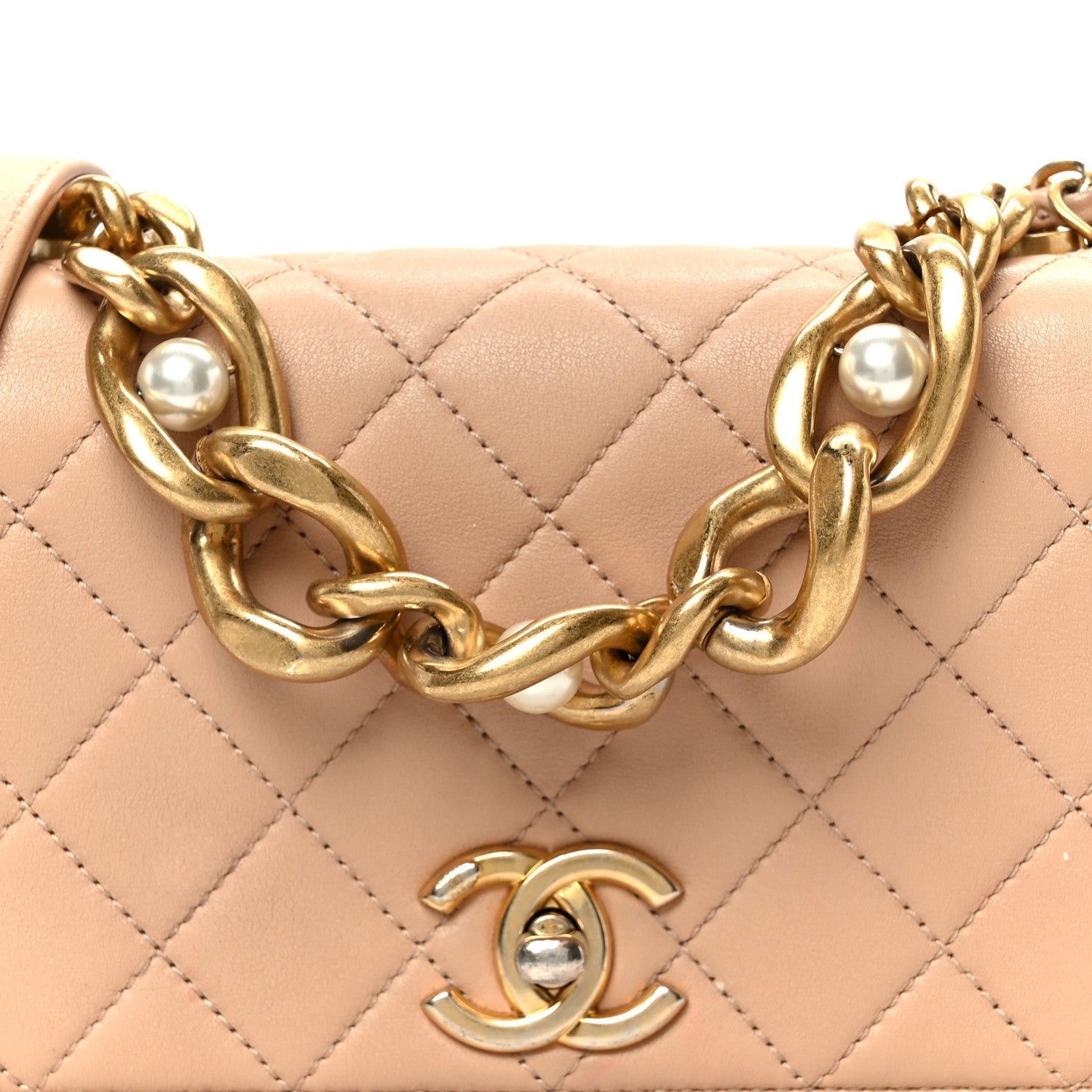 Chanel Calfskin Quilted Pearl Jewel Chain Flap Beige 1864621