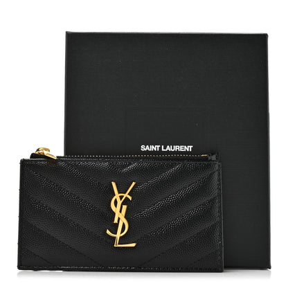 Saint Laurent Grain De Poudre Matelasse Chevron Monogram Fragments Zippered Card Case Black 8 of 8