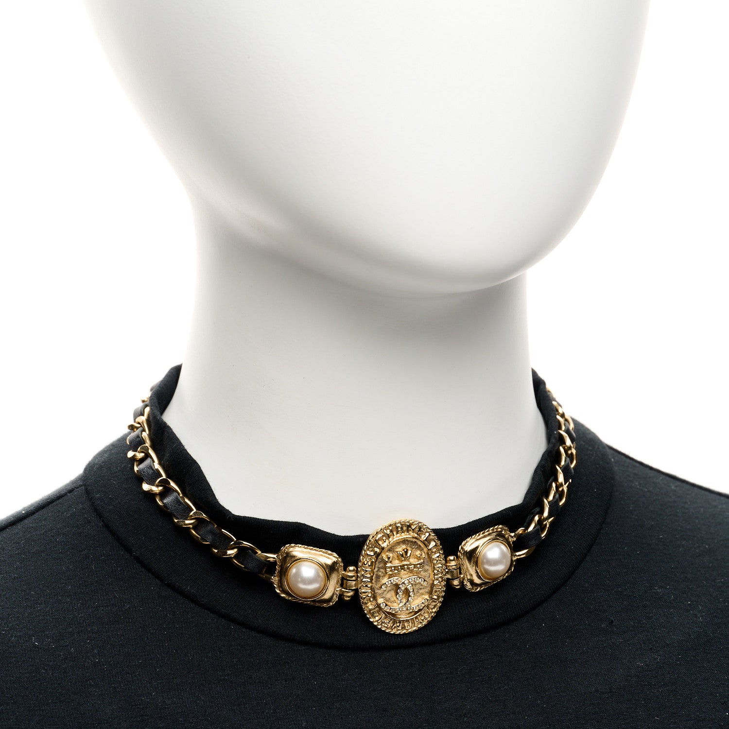 Chanel Lambskin Pearl CC Oval Shield Choker Necklace Gold Black 2 of 5