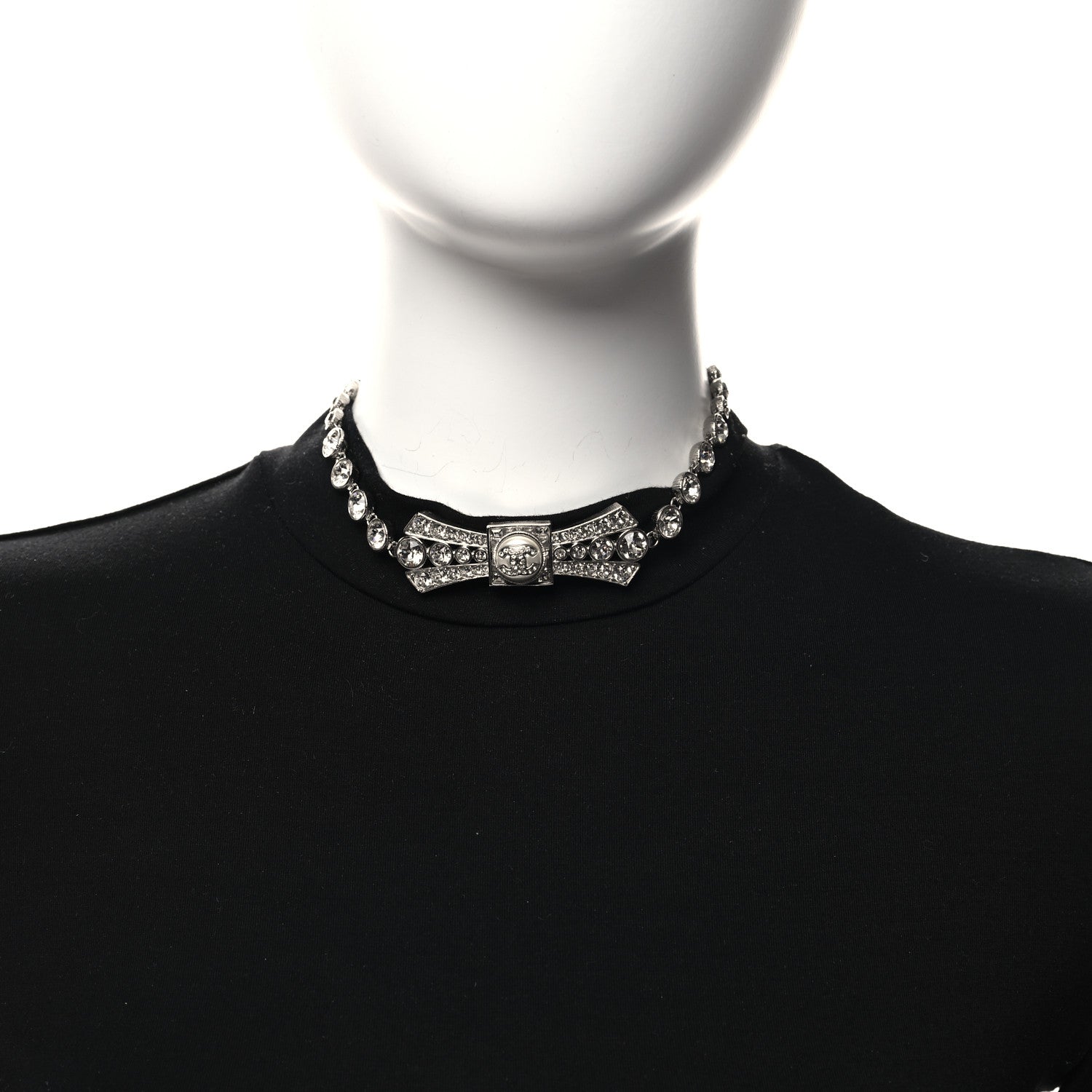 Chanel Crystal CC Bow Choker Necklace Silver 2 of 5