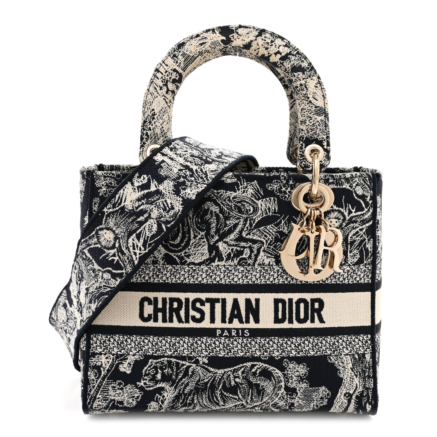 Christian Dior Canvas Toile De Jouy Reverse Embroidered Medium Lady D-Lite Navy 1 of 10
