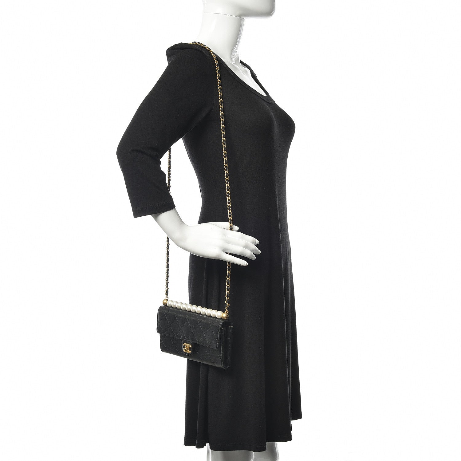 Chanel Goatskin Quilted Pearl Short Handle Clutch With Chain Black 2 of 14