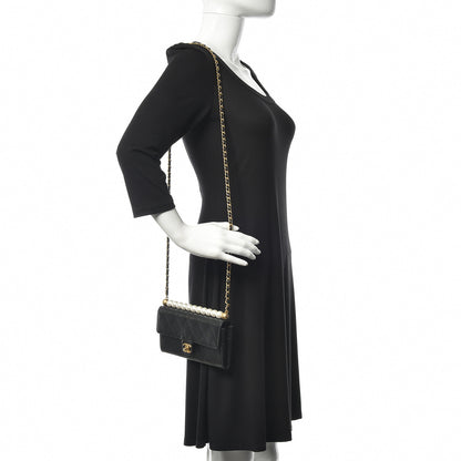Chanel Goatskin Quilted Pearl Short Handle Clutch With Chain Black 2 of 14