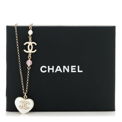 Chanel Resin Crystal CC Heart Necklace Pearly White Gold 6 of 6