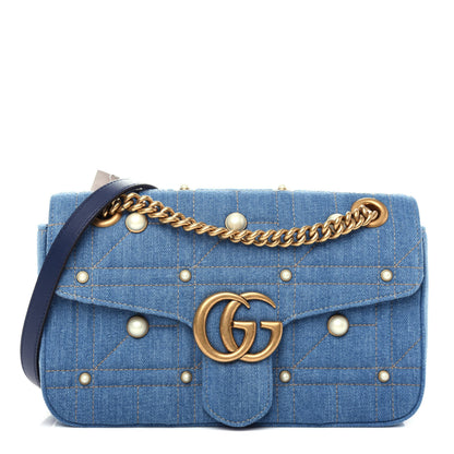 Gucci Denim Matelasse Pearl Studded Small GG Marmont Shoulder Bag Blue 1 of 10