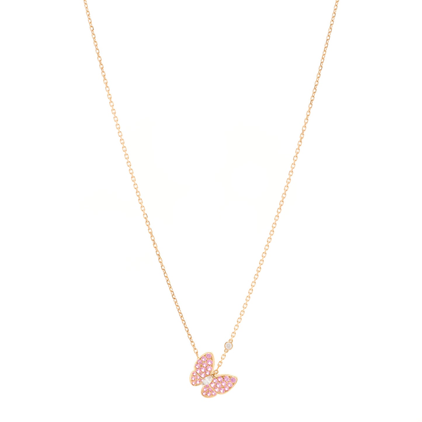 18K Rose Gold Diamond Pink Sapphire Two Butterfly Pendant Necklace