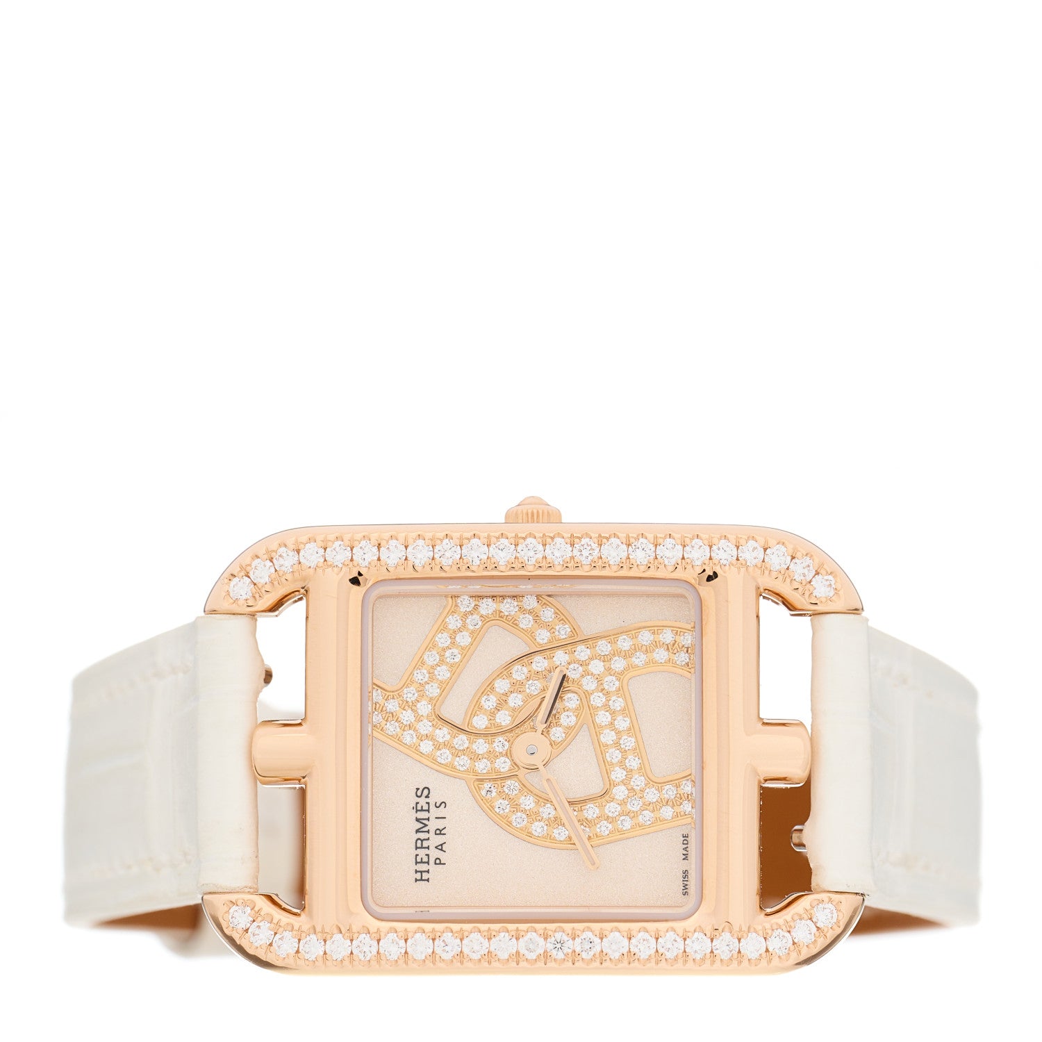 Hermes 18K Rose Gold Alligator Diamond Bezel 23mm Cape Cod Chaine d'Ancre Joaillier Quartz Watch Blanc 2 of 5