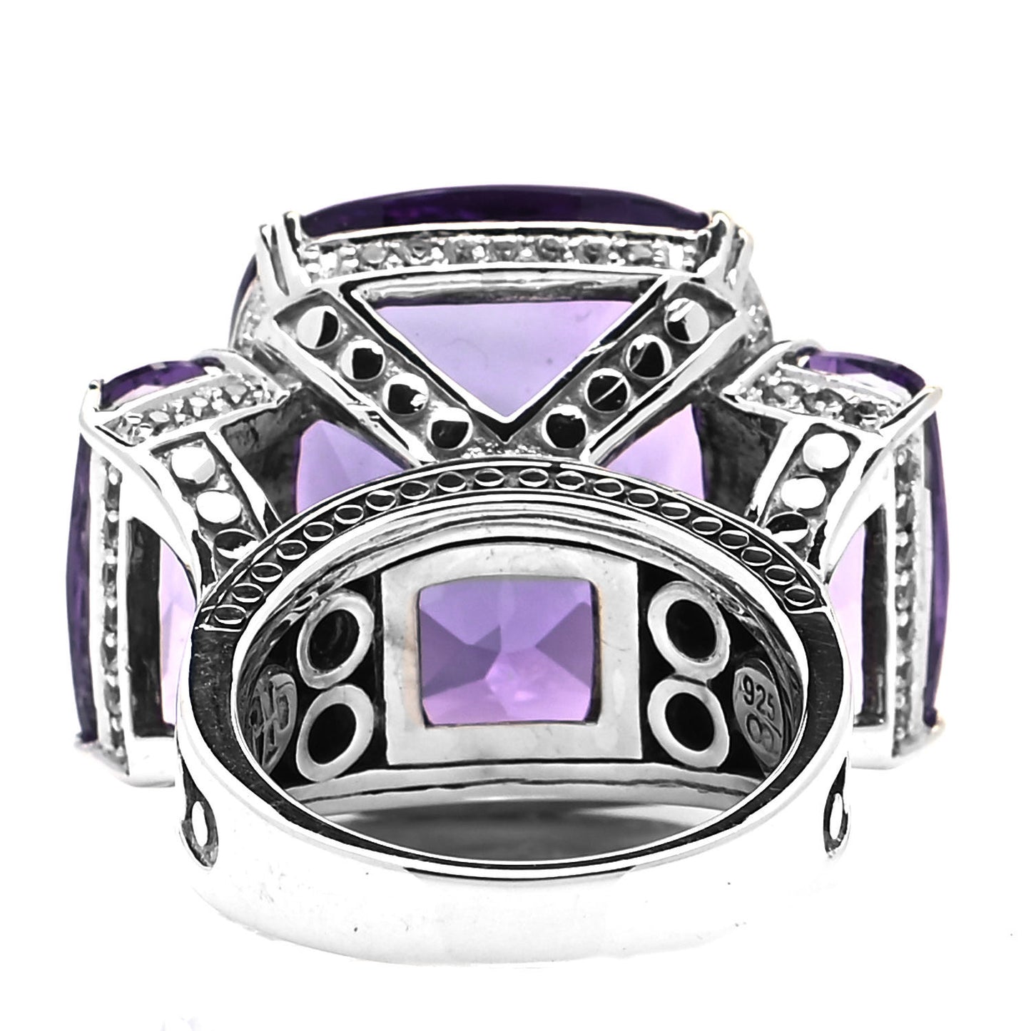 Sterling Silver Amethyst White Sapphire Three Stone Cocktail Ring 54 7