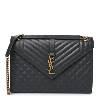 Saint Laurent Grain De Poudre Textured Mixed Matelasse Triquilt Large Monogram Satchel Anthracite 1 of 10
