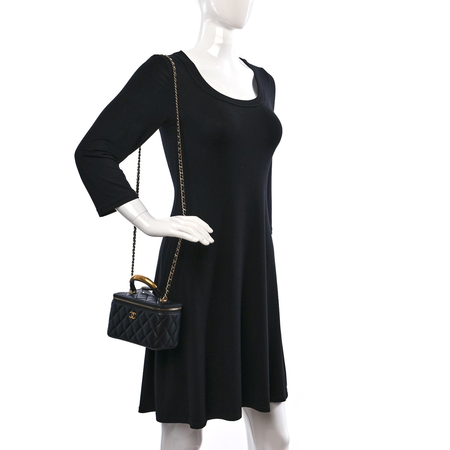 Lambskin Quilted Metal Small Top Handle Vanity Case With Chain Black