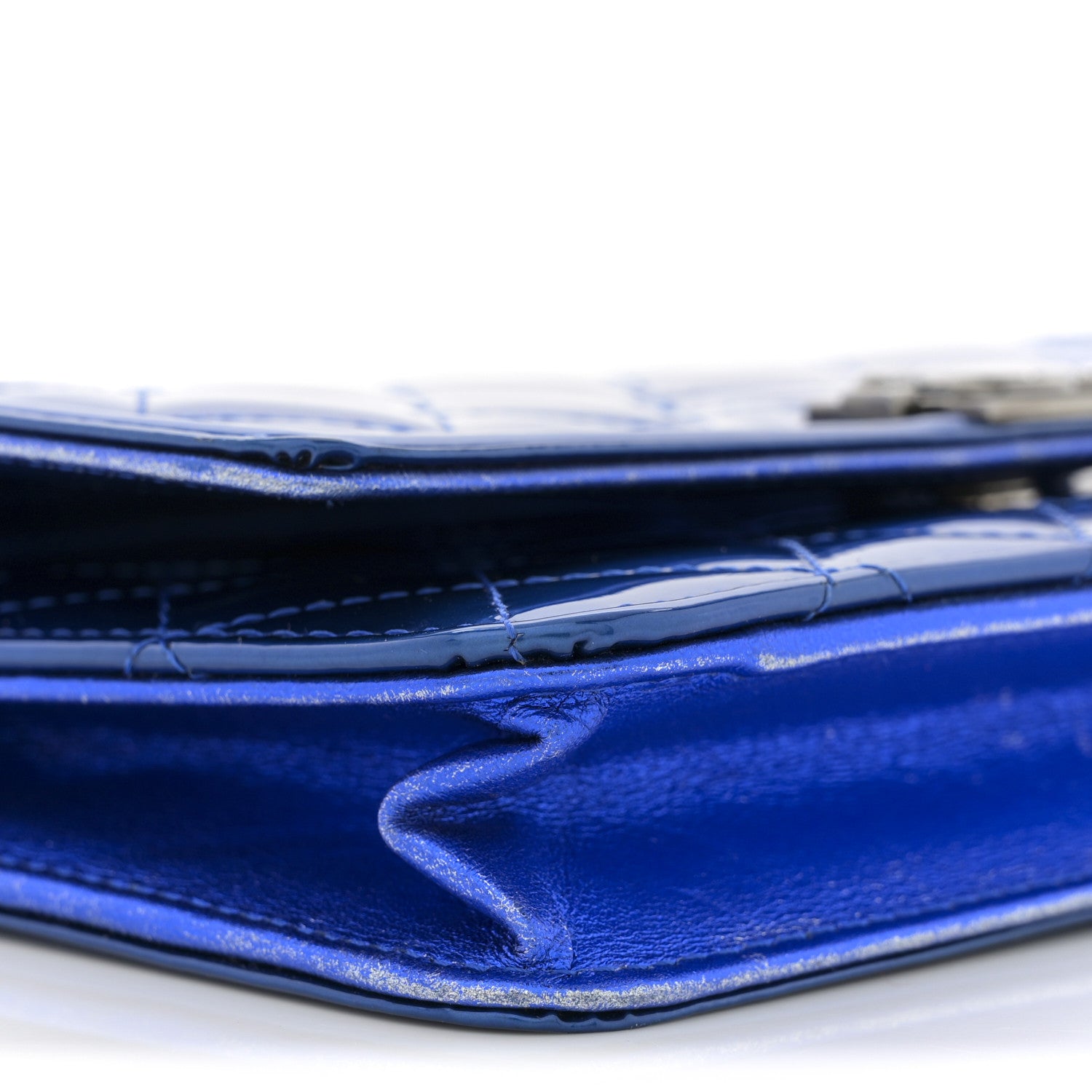 Chanel Metallic Patent Calfskin Quilted Boy Wallet on Chain WOC Blue 9 of 12