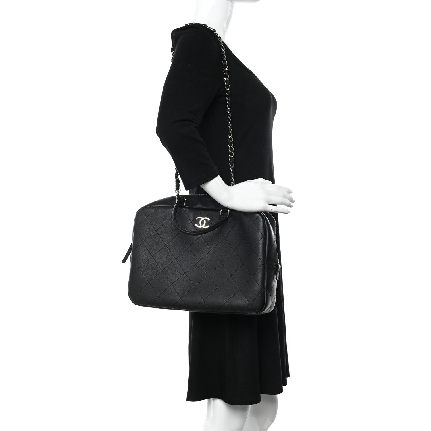 Chanel Calfskin Diamond Stitched Top Handle Bowling Bag Black 2 of 10