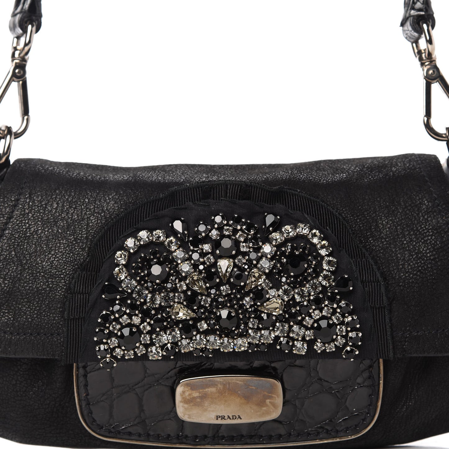 Camosciato Crocodile Crystal Shoulder Bag Black
