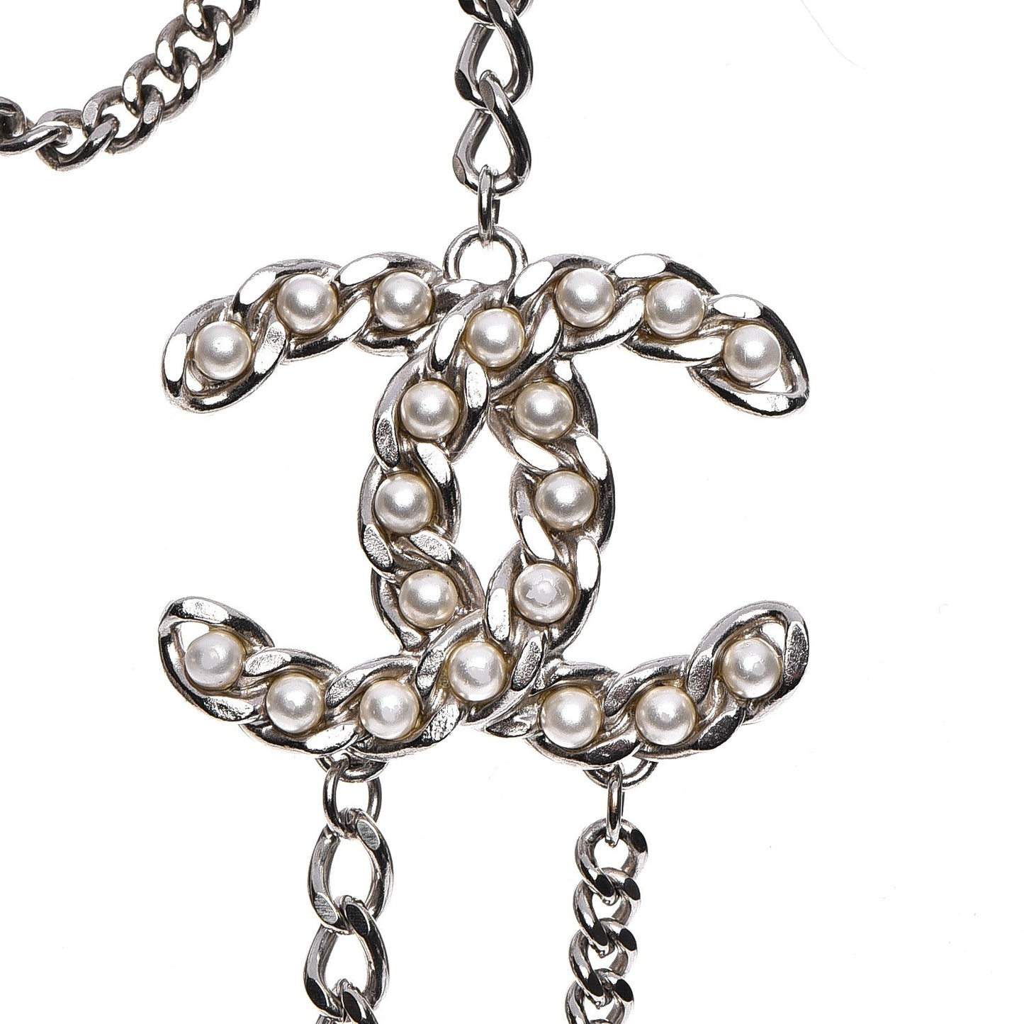 Pearl CC Long Chain Necklace Silver