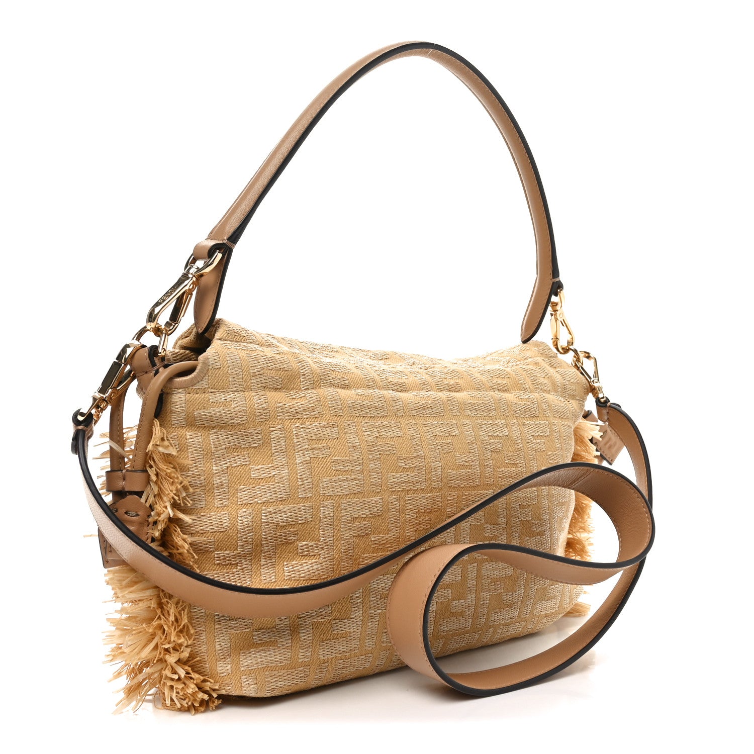 Fendi Fabric Jacquard Raffia Straw Fringe Medium Mamma Baguette Beige 3 of 10