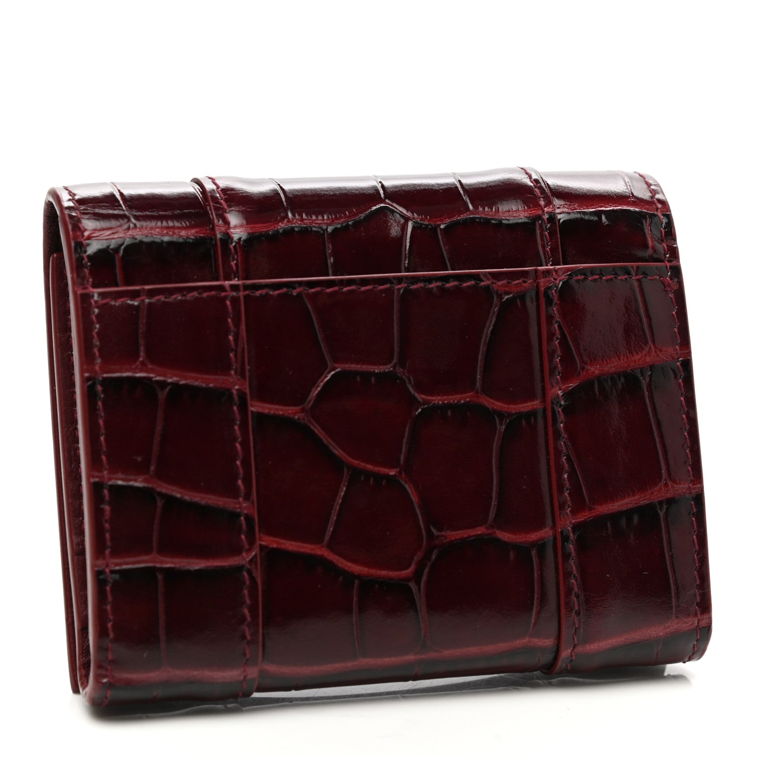 Balenciaga Shiny Calfskin Crocodile Embossed Hourglass Compact Wallet Dark Red 3 of 8