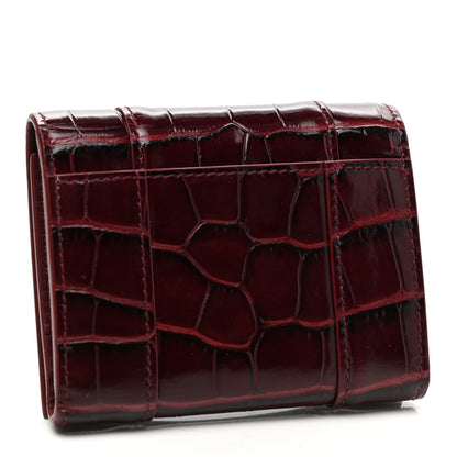Balenciaga Shiny Calfskin Crocodile Embossed Hourglass Compact Wallet Dark Red 3 of 8