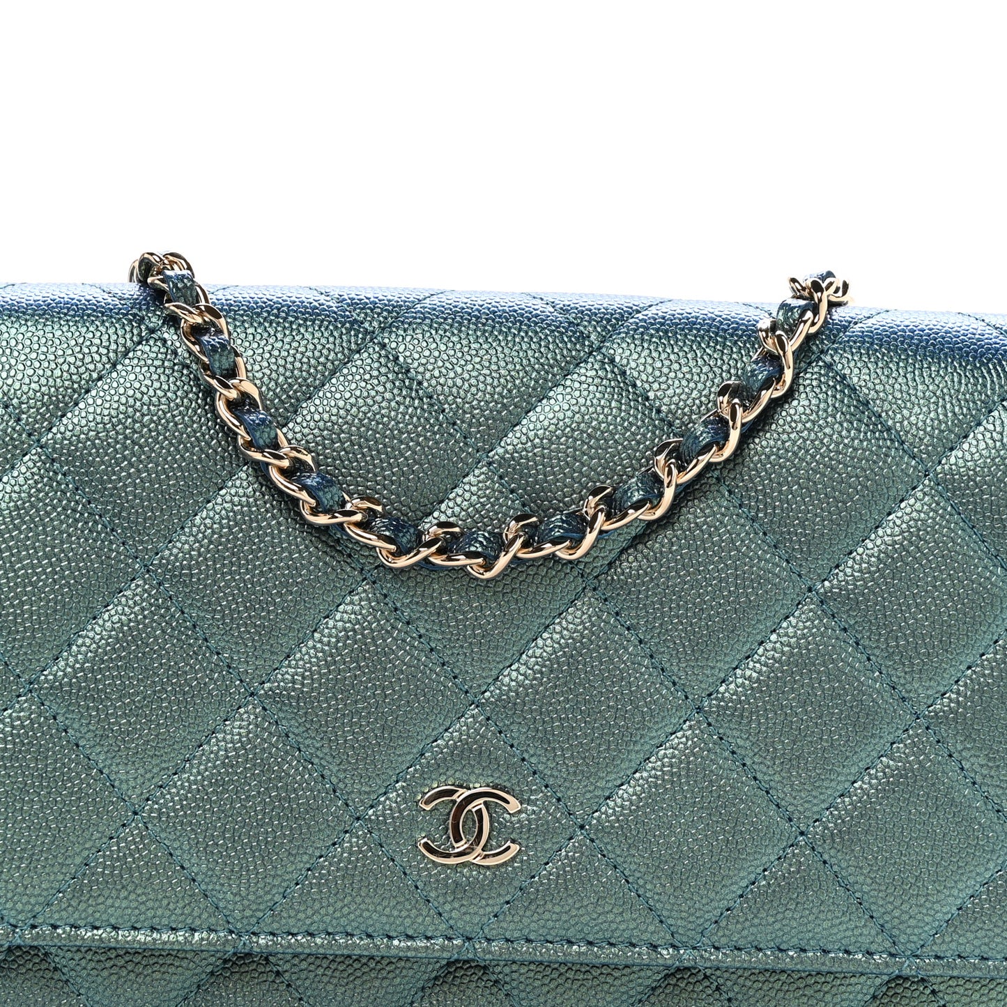 Iridescent Caviar Quilted Wallet on Chain WOC Dark Blue