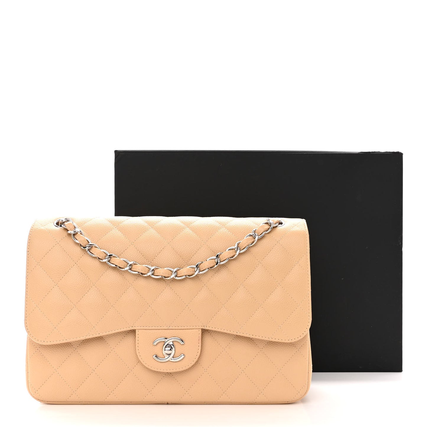 Caviar Quilted Jumbo Double Flap Beige Clair