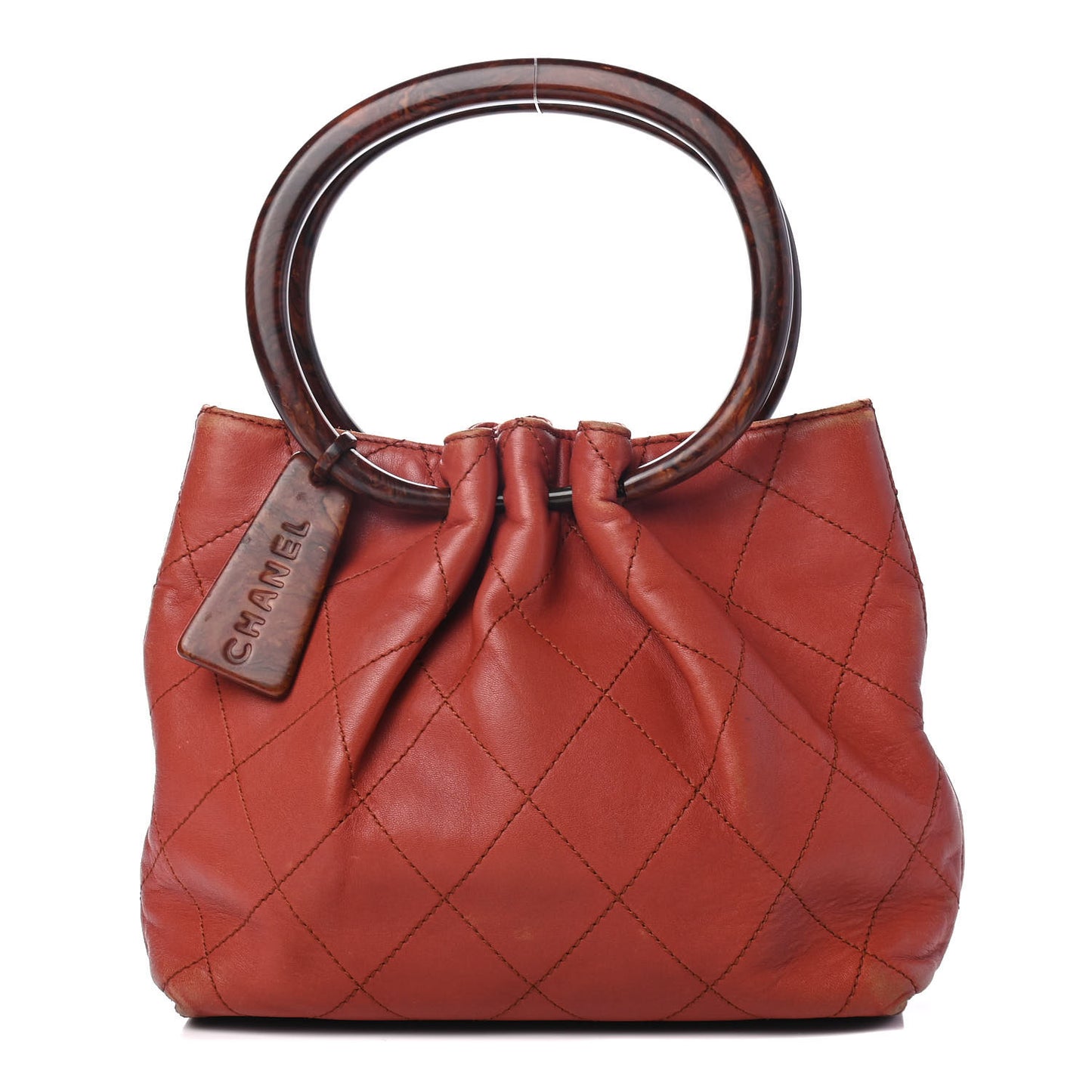 Lambskin Stitched Wood Handle Bag Red