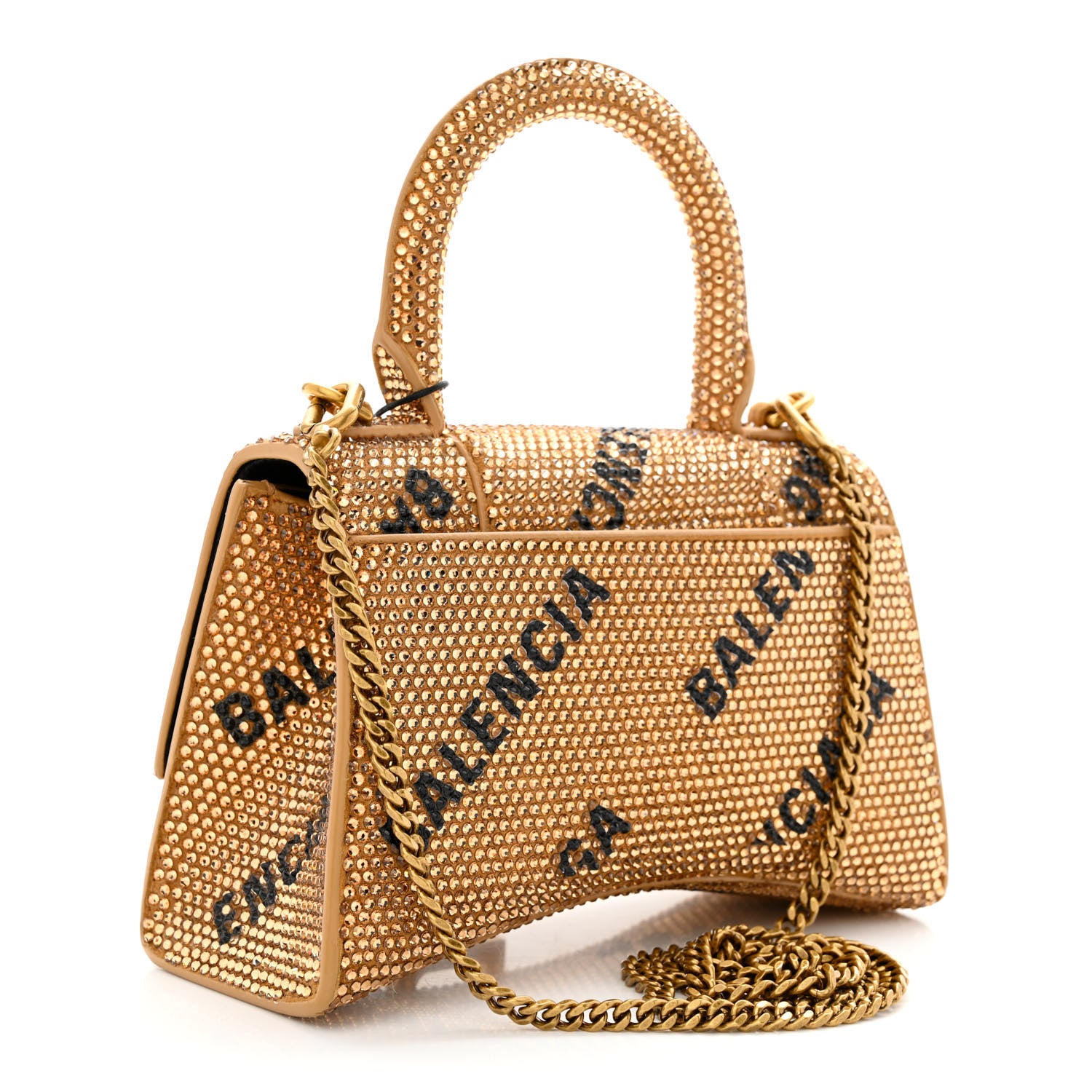 Balenciaga Strass Suede Allover Logo Hourglass Top Handle Bag XS with Chain Gold Black 3 of 14