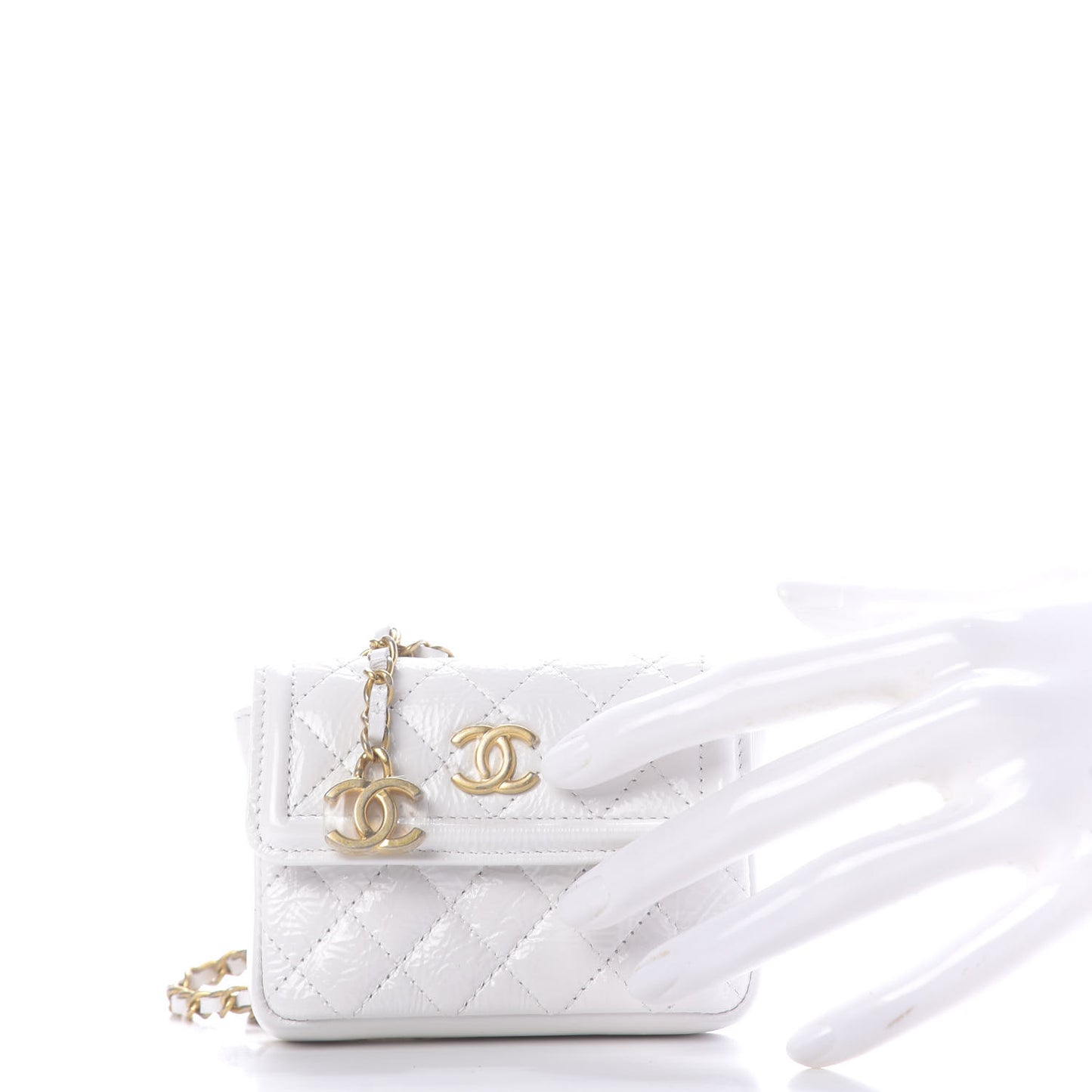 Shiny Aged Calfskin Quilted Waist Belt Bag White