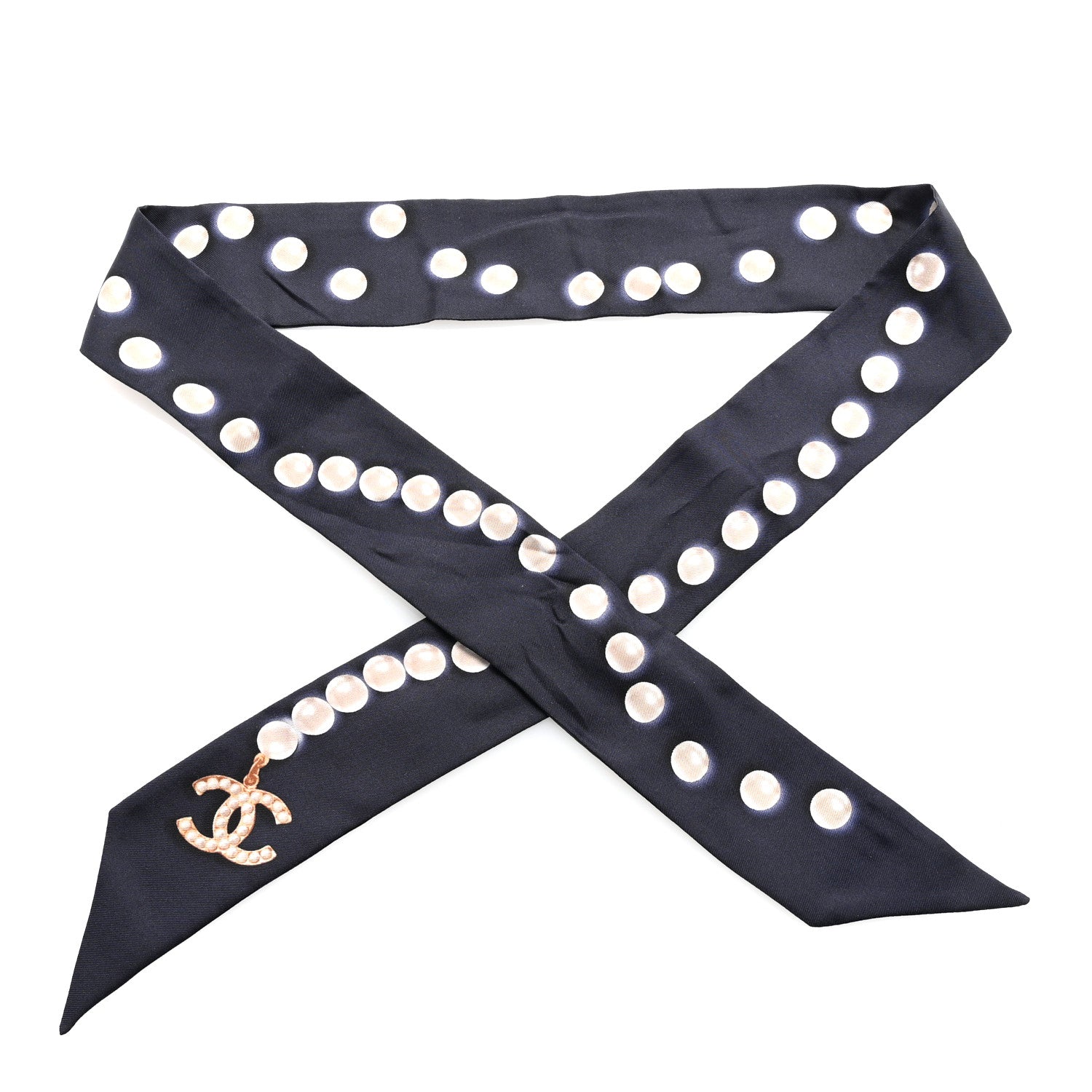 Chanel Silk Pearl CC Slim Bandeau Scarf Dark Navy 1 of 3