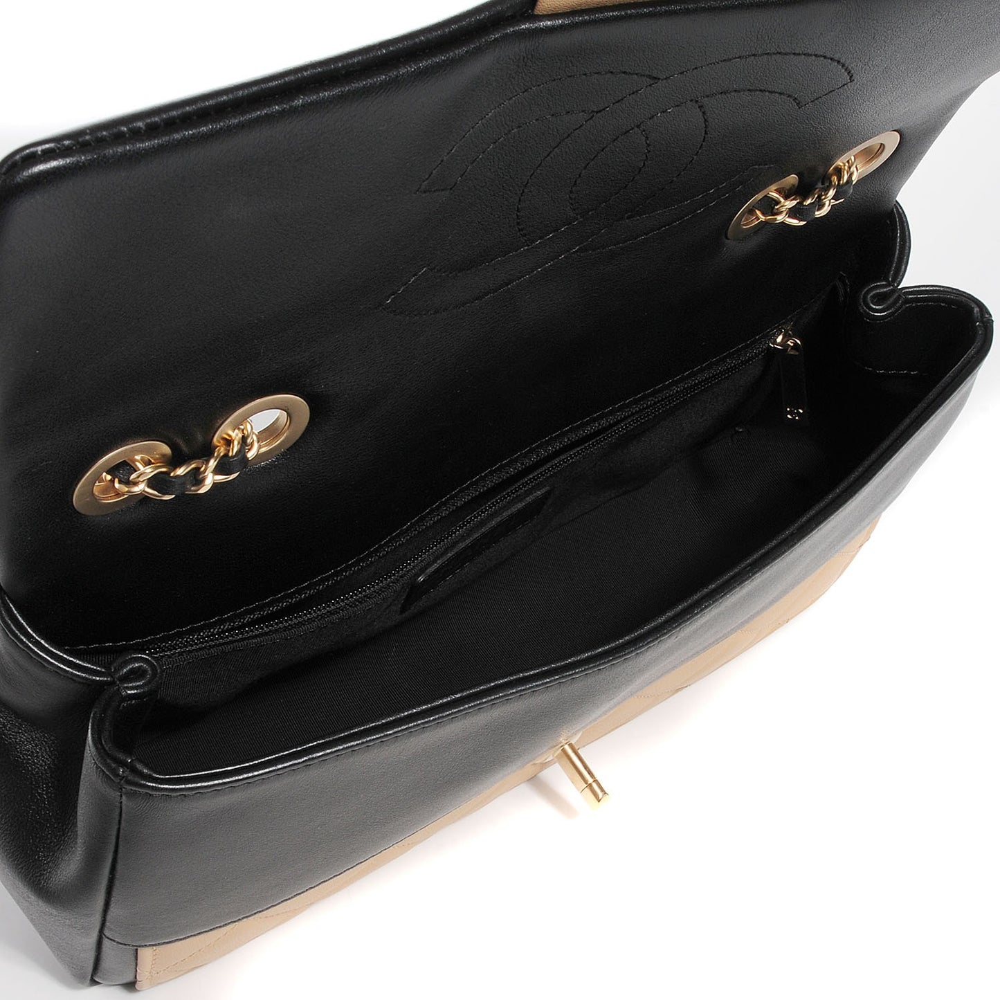 Calfskin Quilted Medium Graphic Flap Beige Black