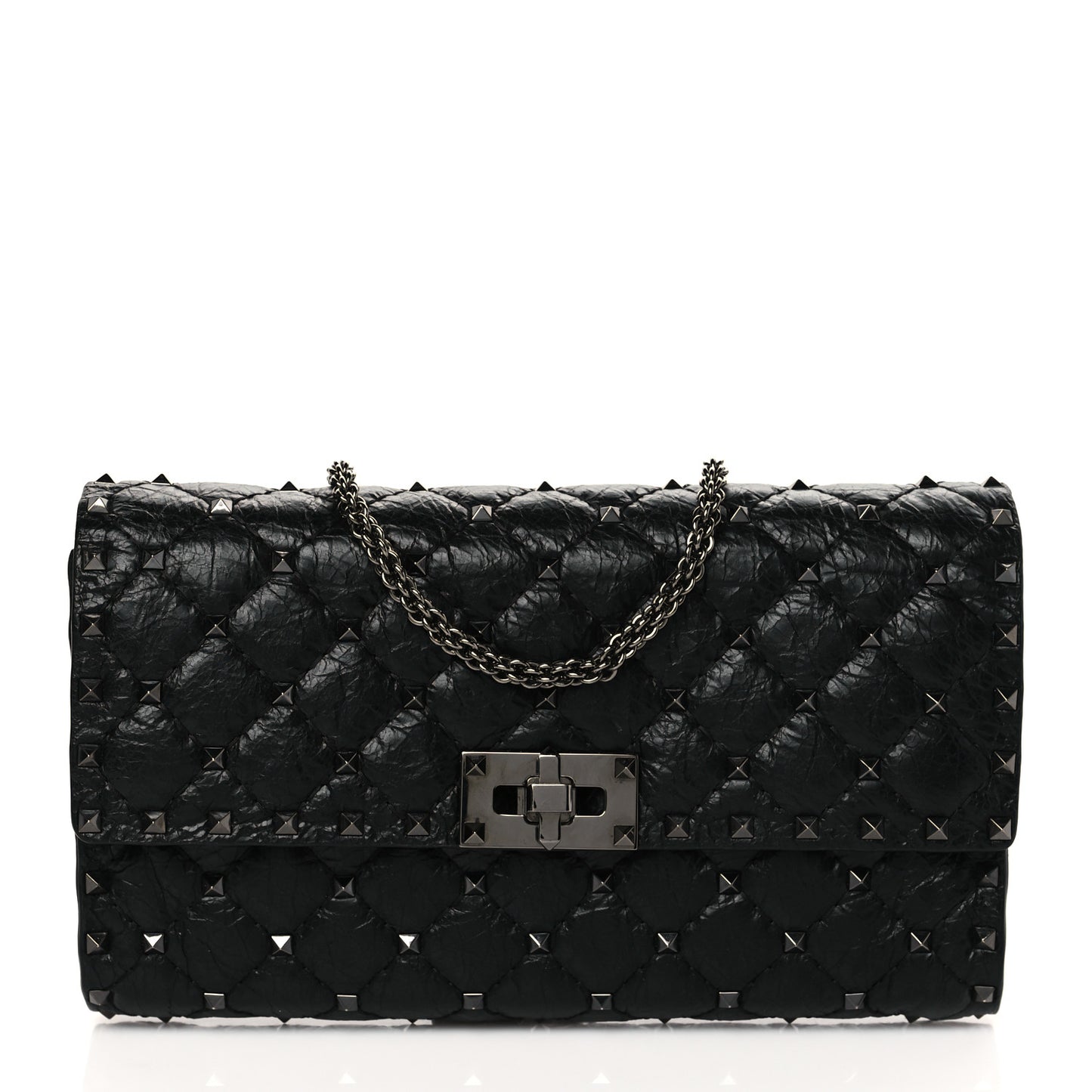 Craquele Nappa Rockstud Spike Wallet on Chain Black