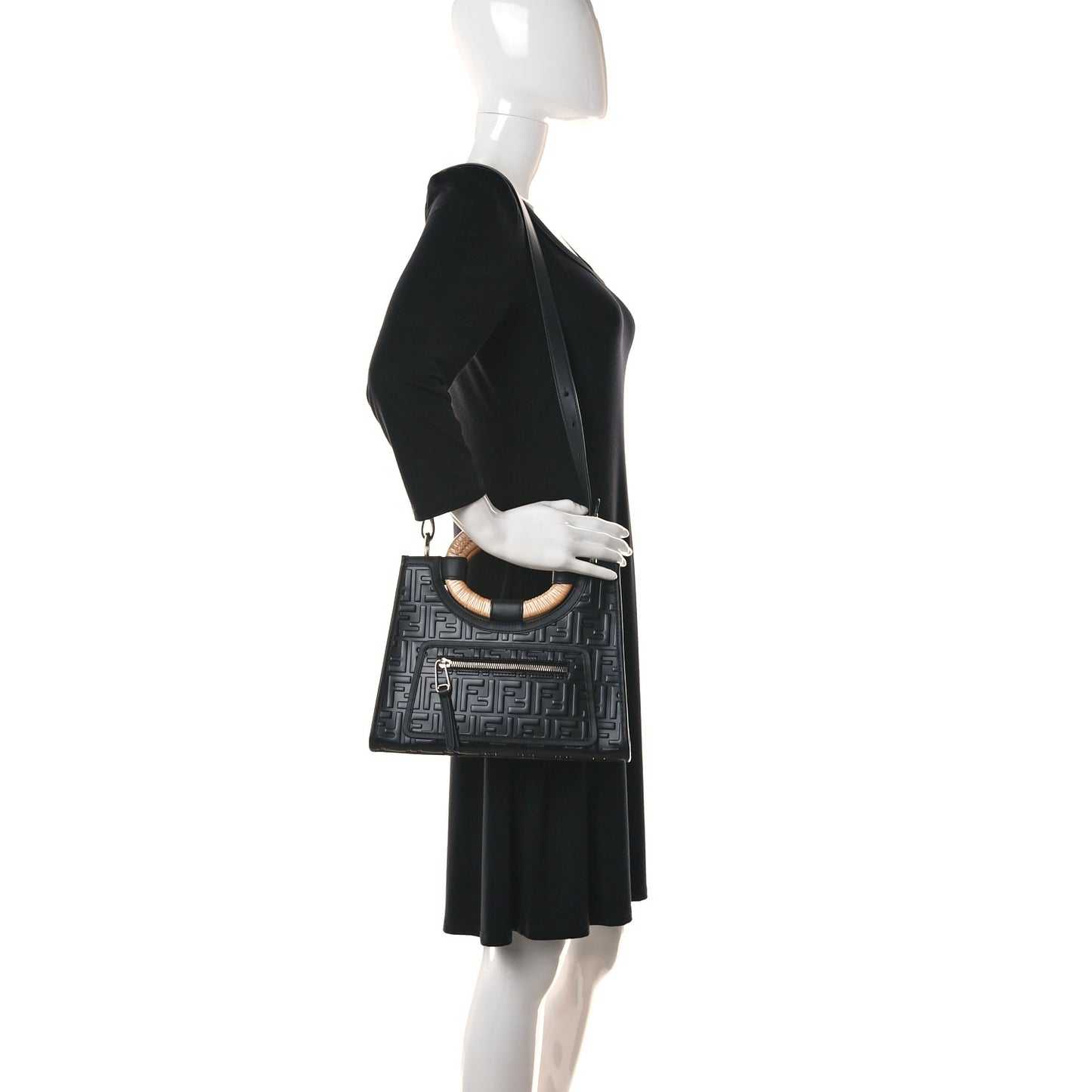 Vitello Century Wicker FF 1974 Embossed Small Runaway Shopper Tote Black