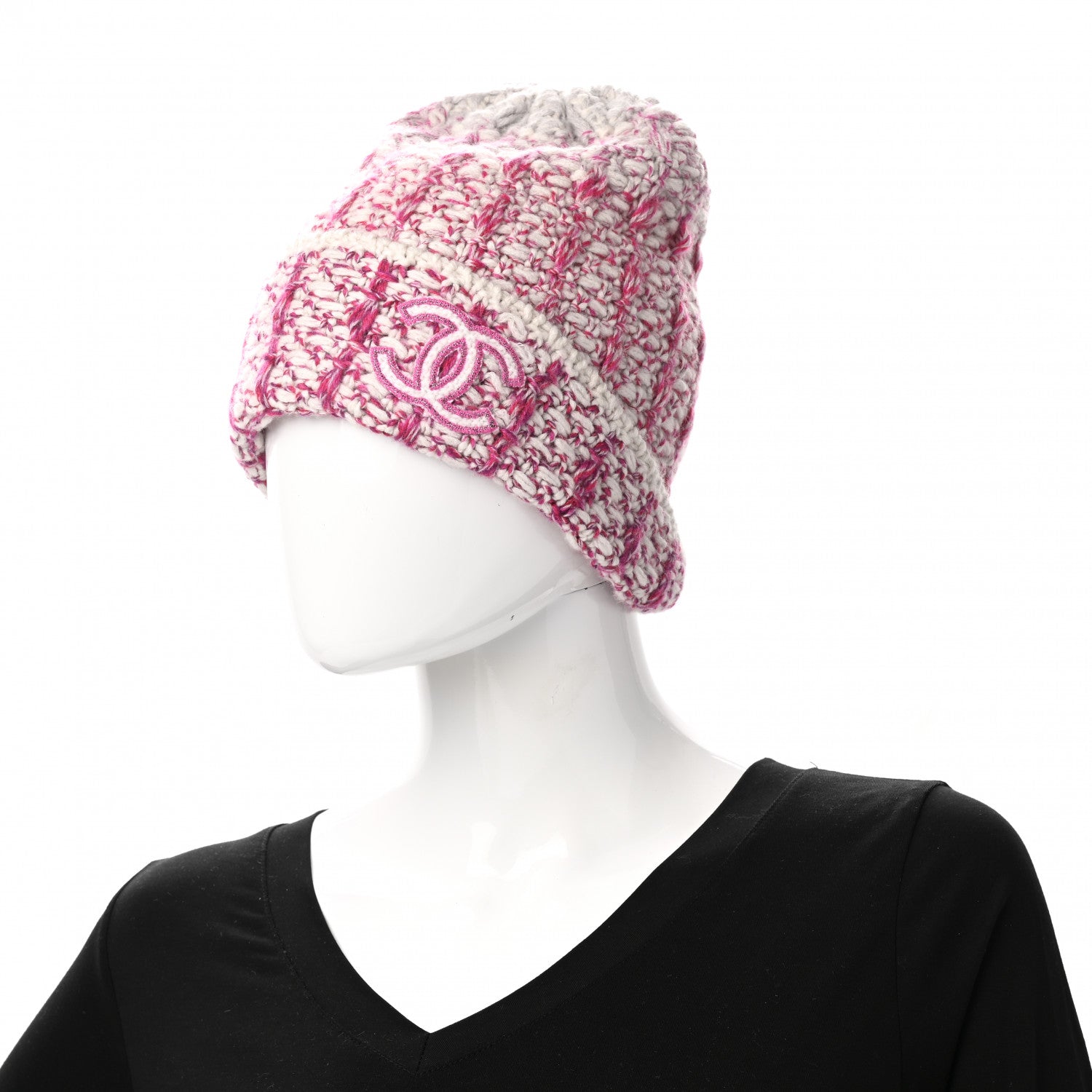 Chanel Cashmere CC Beanie Hat Pink Beige 2 of 4