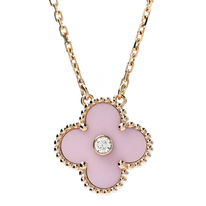 Van Cleef & Arpels 18K Rose Gold Diamond Pink Porcelain Vintage Alhambra Pendant Necklace 7 of 7