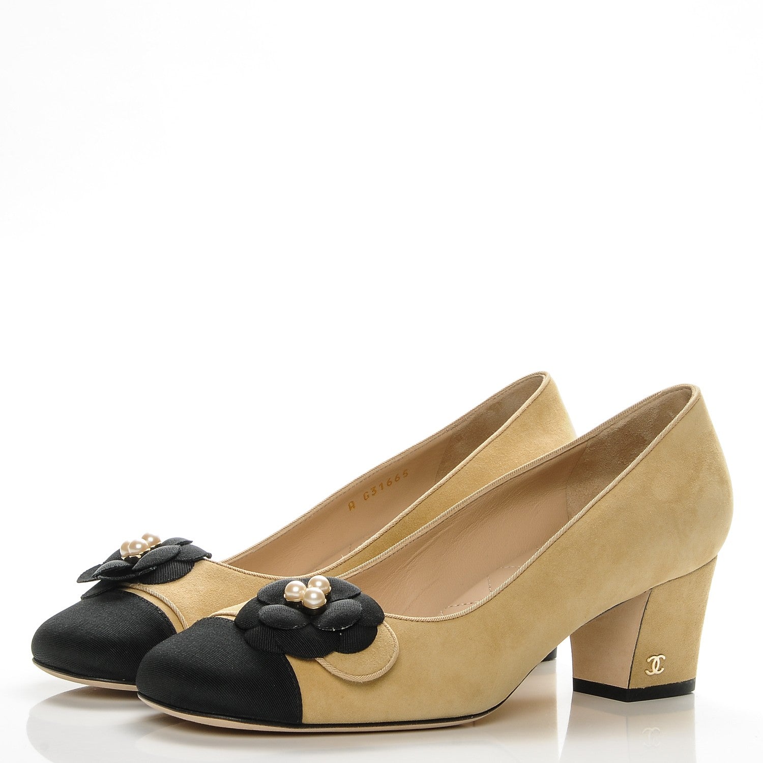 Chanel Suede Pearl Camellia Pumps 39.5 Beige Black 3 of 9