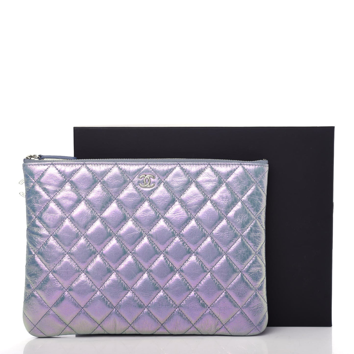 Iridescent Crumpled Lambskin Medium Cosmetic Case Light Blue