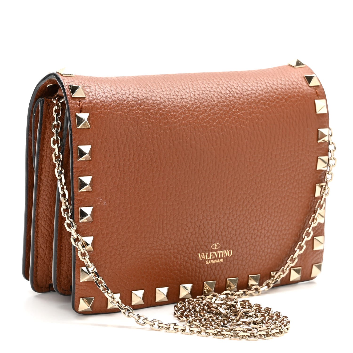 Valentino Garavani Pebbled Calfskin Rockstud Wallet On Chain Saddle Brown 3 of 9