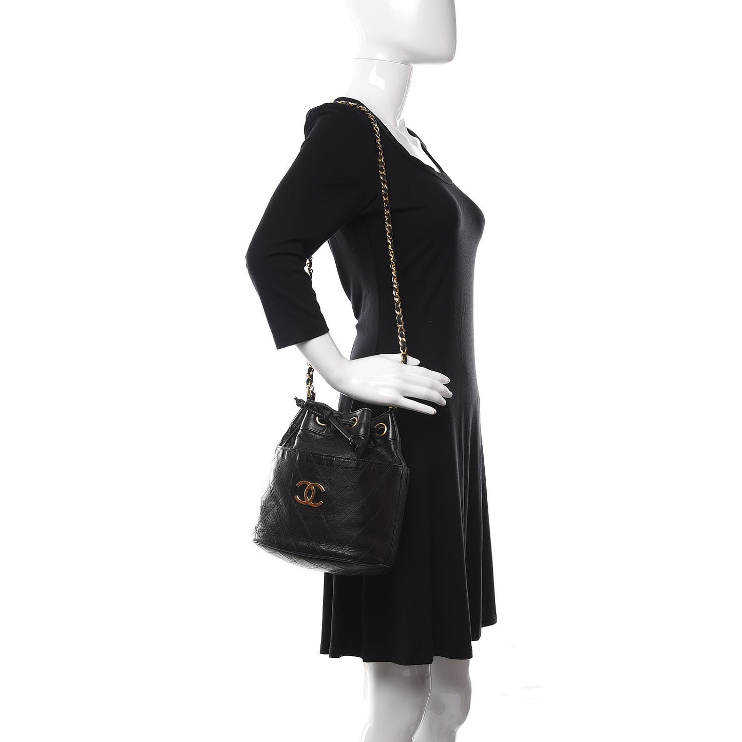 Lambskin Diamond Stitched CC Drawstring Shoulder Bag Black
