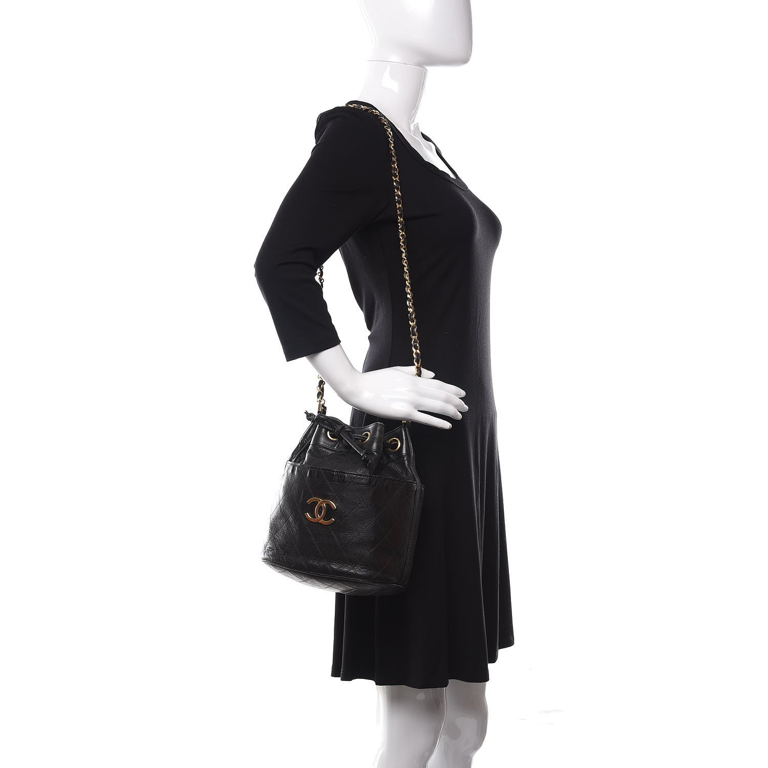 Chanel Lambskin Diamond Stitched CC Drawstring Shoulder Bag Black 2 of 10