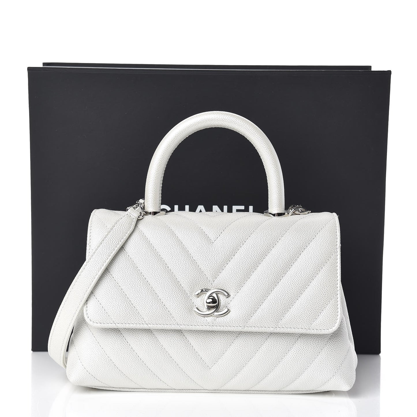 Iridescent Caviar Chevron Quilted Mini Coco Handle Flap White