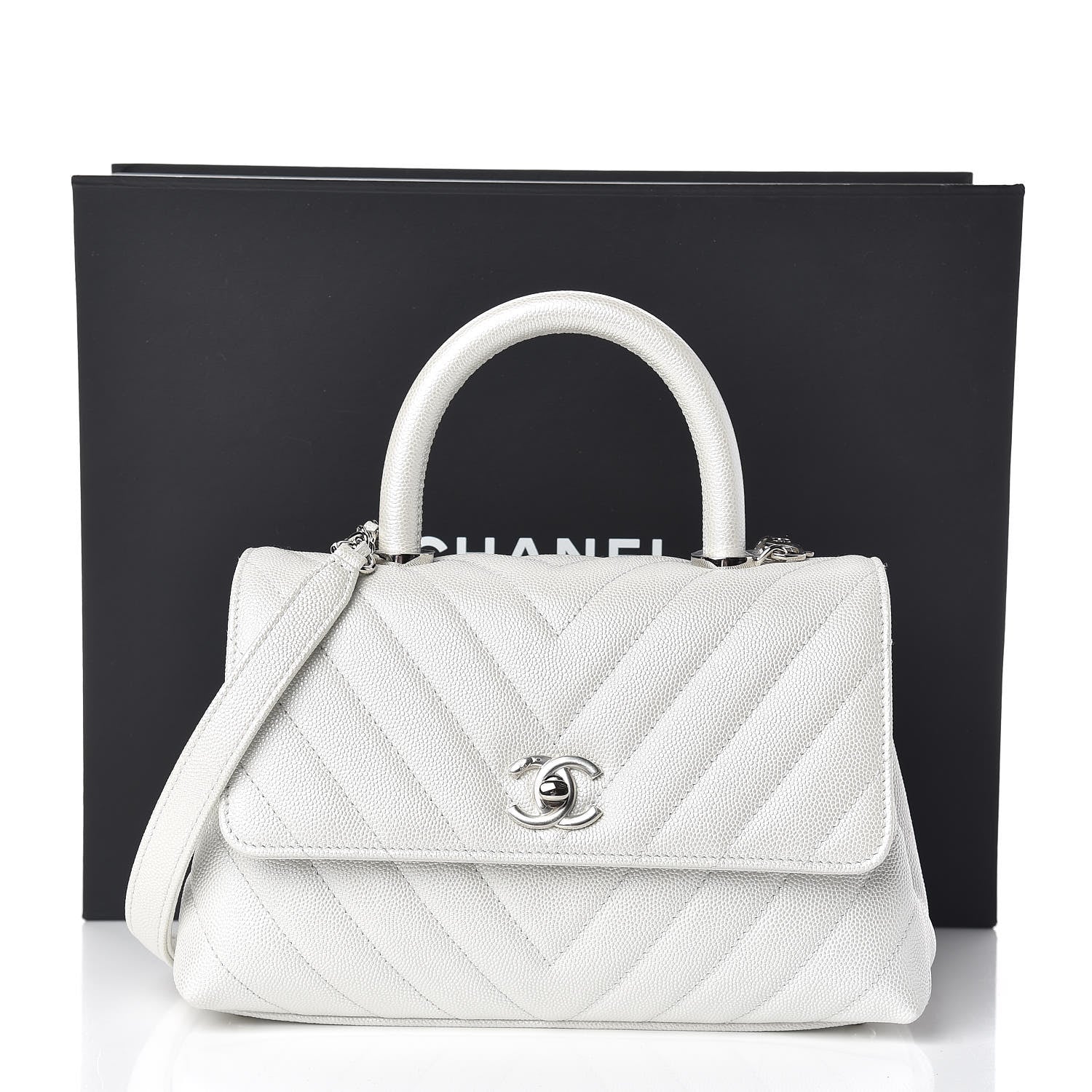 Chanel Iridescent Caviar Chevron Quilted Mini Coco Handle Flap White 12 of 12