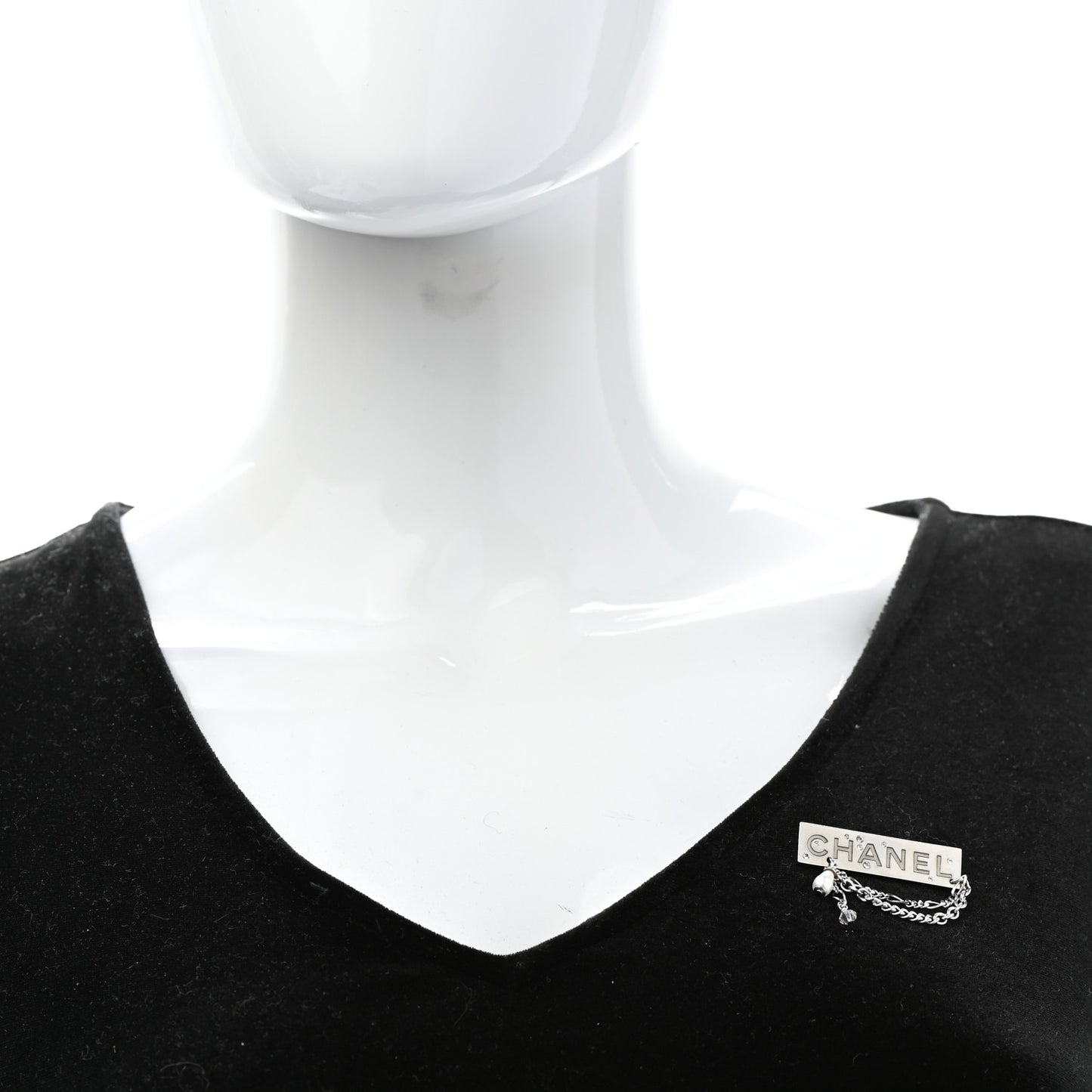 Crystal Pearl Chain Logo Brooch Silver