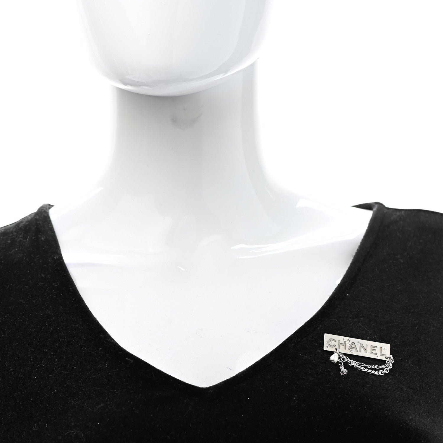 Chanel Crystal Pearl Chain Logo Brooch Silver 2 of 5