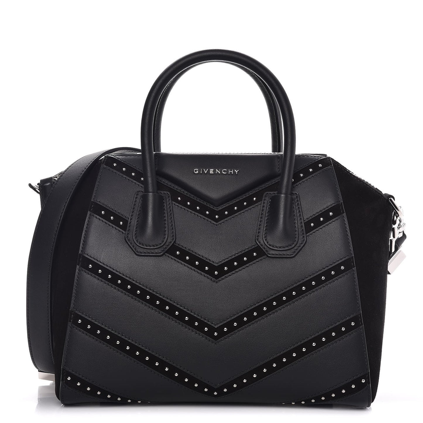 Calfskin Suede Small Studded Chevron Antigona Black