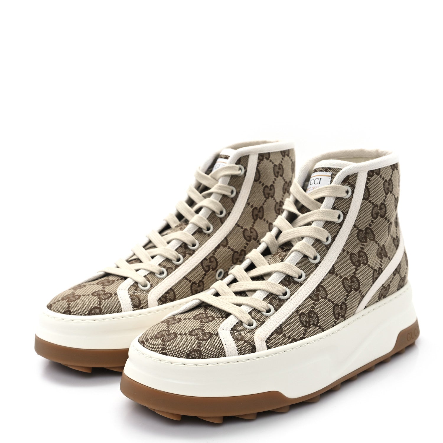 Gucci New Canvas GG Monogram Womens Tennis 1977 High Top 55mm Platform Sneakers 38.5 Beige Ebony Mystic White 4 of 9