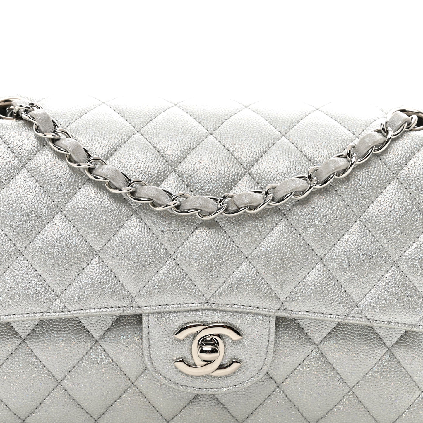 Glittered Metallic Caviar Quilted Medium Double Flap Silver