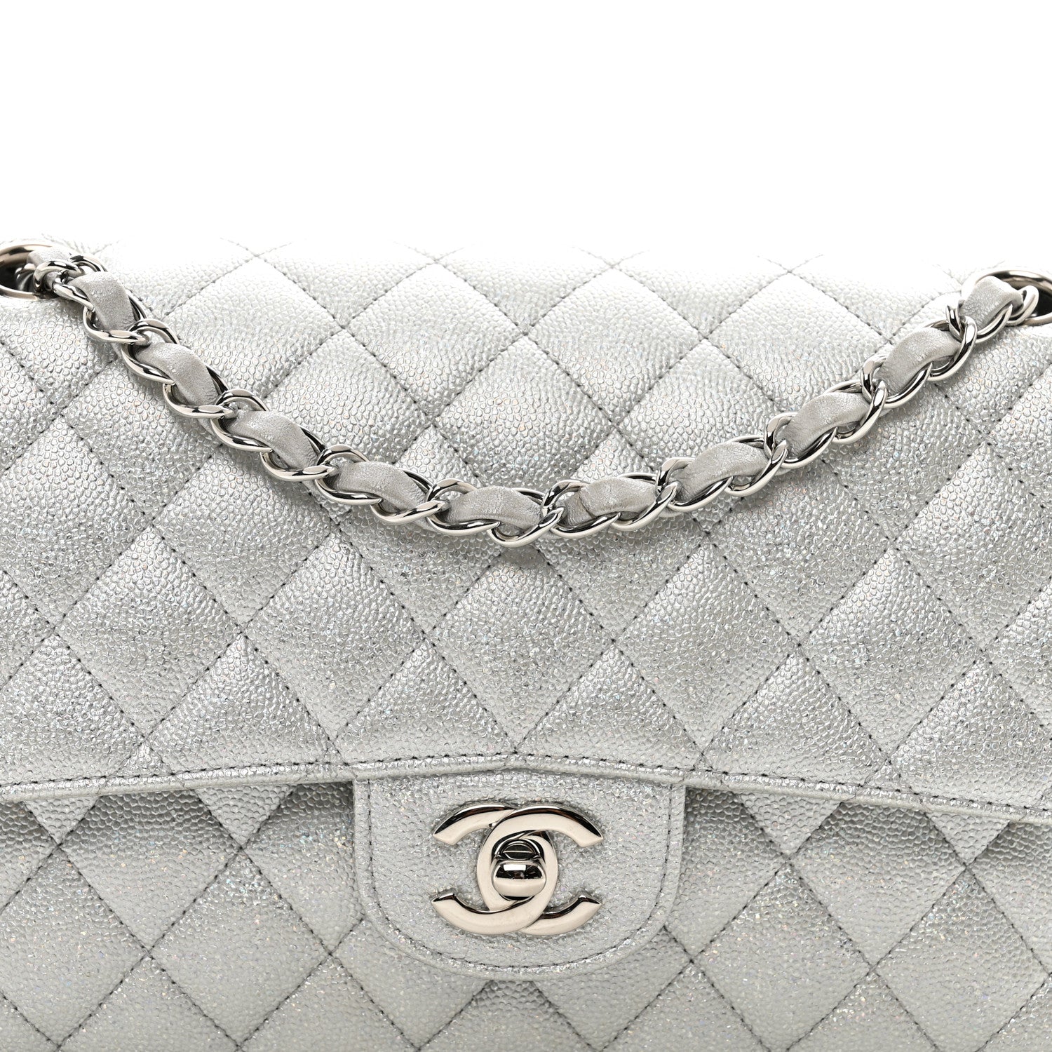 Chanel Glittered Metallic Caviar Quilted Medium Double Flap Silver 5 of 11