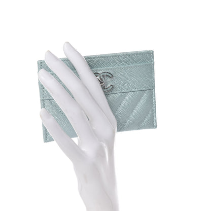 Chanel Metallic Caviar Chevron Quilted Vintage Mademoiselle Card Holder Light Blue 2 of 9