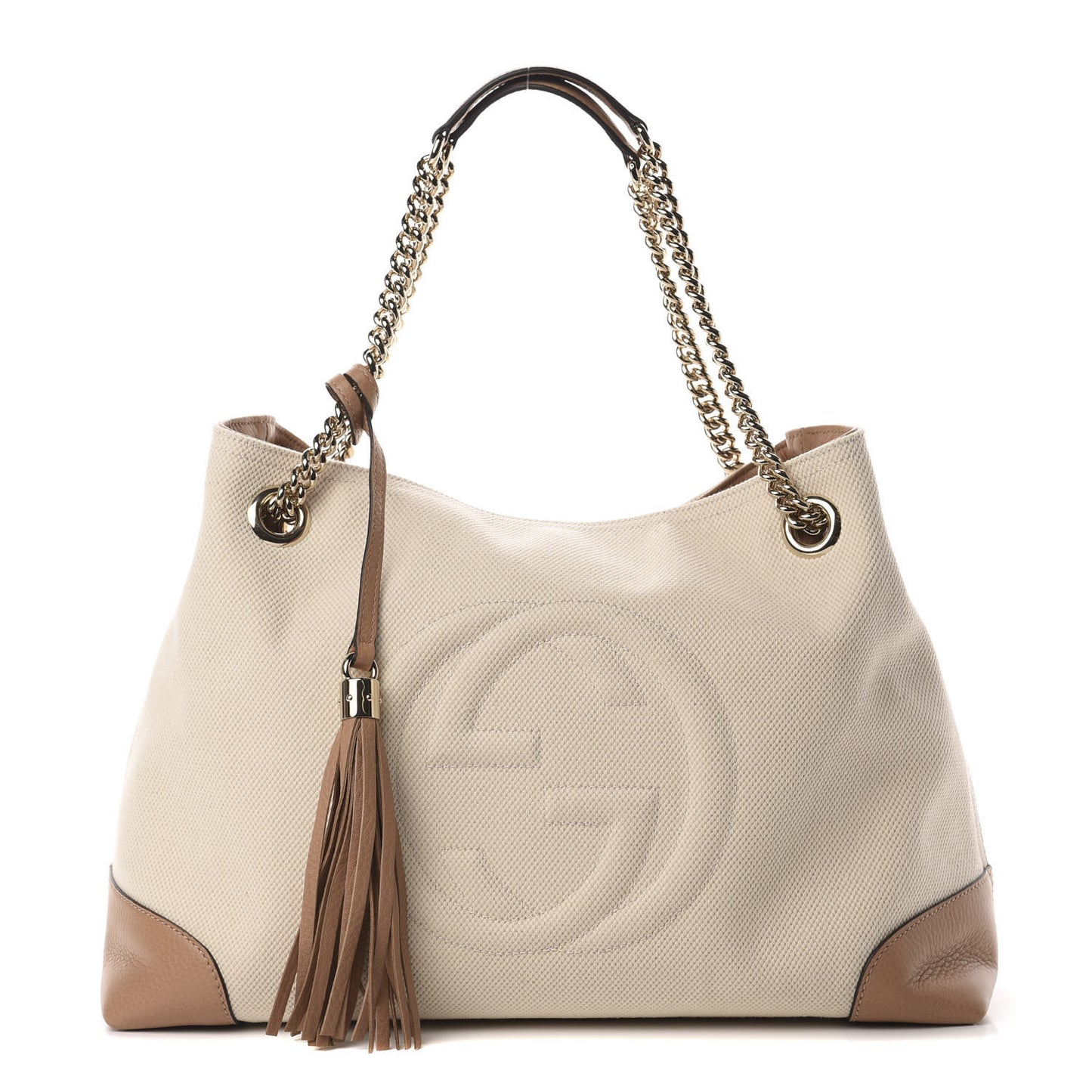 Linen Canvas Pebbled Calfskin Medium Soho Chain Shoulder Bag White Camelia